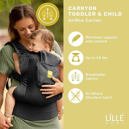 LÍLLÉbaby 3-in-1 Ergonomic CarryOn Airflow Toddler Carrier with Lumbar Support & Breathable Mesh Lining (25-60 lbs), Supportive & Comfortable, Multi-Position Carrying for Hiking & Travel (Black)