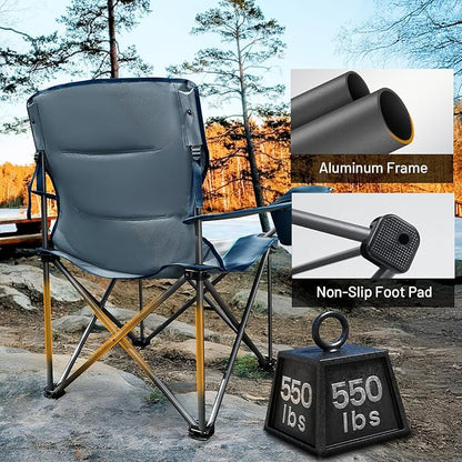 TIMBER RIDGE Oversized Folding Camping Chair for Adults, Support 550 LBS Heavy Duty with Cup Holder Side Pocket for Camping, Lawn, Picnic, 2 Pack(Navy)