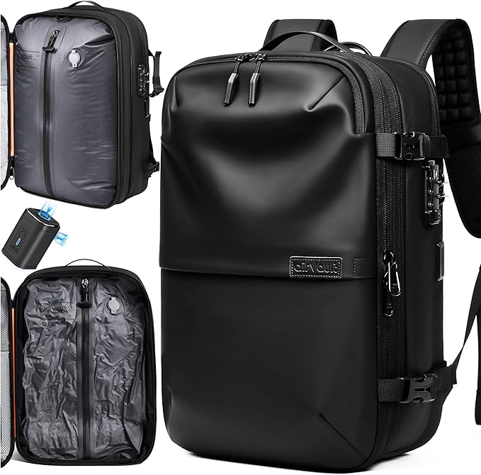 AirVault Vacuum Seal Travel Backpack 60L with Expandable Vortex Air Compression Vacuum System Water Resistant TSA Lock (Vacuum Pump Included, Black, 60L)