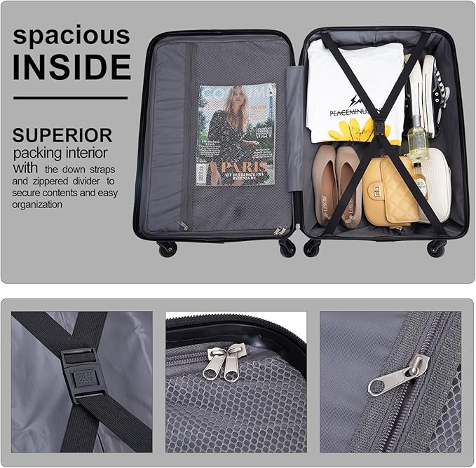 3 Piece Luggage Sets, PC Lightweight Expandable Suitcase with Two Hooks, Spinner Wheels, TSA Lock, (20/24/28) (Black)