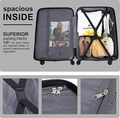 3 Piece Luggage Sets, PC Lightweight Expandable Suitcase with Two Hooks, Spinner Wheels, TSA Lock, (20/24/28) (Black)
