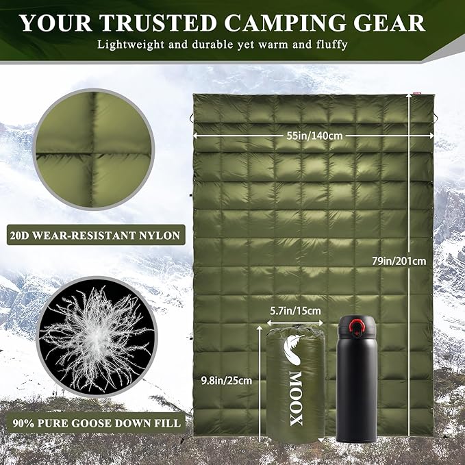 MOOX Down Camping Blanket Packable Backpacking Camping Quilt Outdoor Lightweight Warm Water Resistant Puffy Sleeping Bag Travel Hiking 55"x79" Waterproof Camp Throw Blanket, Green Orange