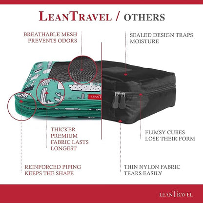 LeanTravel Compression Packing Cubes for Travel Organizers with Double Zipper (6-Pack (2L+2M+2S), Green Cactus)
