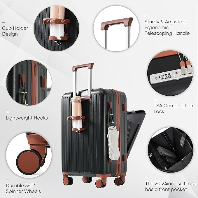 Merax 4-Piece Luggage Sets with USB Charging Ports 20/28Inch Checked Suitcase with TSA Lock Travel Duffel Bag Wet-Dry Toiletry Bag, black and brown