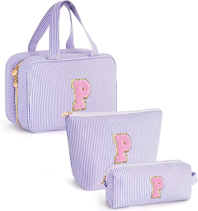 Preppy Toiletry Bag Travel Makeup Bag - Initial Cosmetic Bag Cute Organizer Travel Essentials Small Makeup Bag with Zipper - Personalized Gifts for Her - Lavender P