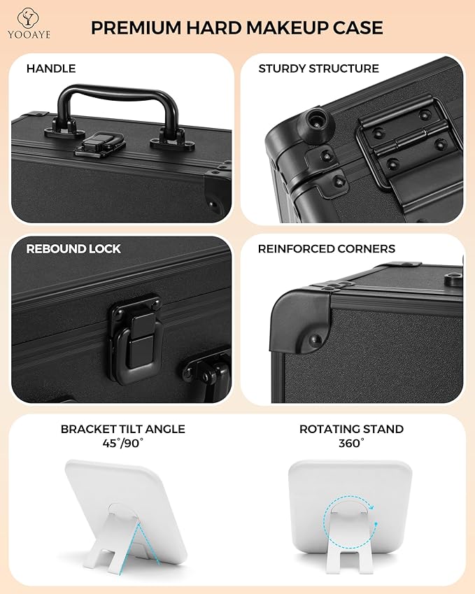Makeup Box with Detachable Lighted Mirror–Travel Train Case, Cosmetic Storage Organizer & Makeup Suitcase with Adjustable Dividers & Magnetic LED Mirror (Black)