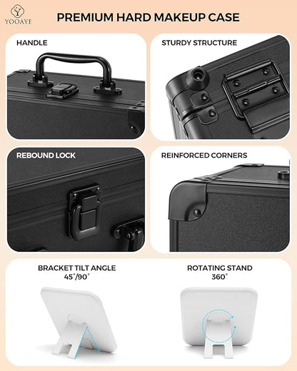 Makeup Box with Detachable Lighted Mirror–Travel Train Case, Cosmetic Storage Organizer & Makeup Suitcase with Adjustable Dividers & Magnetic LED Mirror (Black)