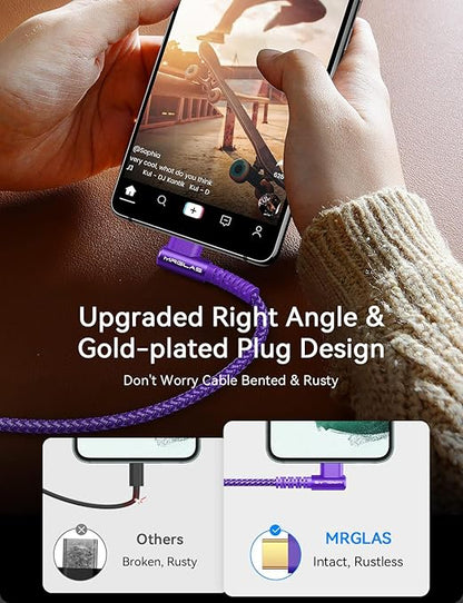 MRGLAS USB A to USB C Cable 3.2A 2-Pack [90°, Gold-Plated] 6.6+6.6FT Type C Charger Right Angle Nylon Braided Fast Charge Cable for iPhone 16 15 Galaxy S10 S9 Plus S21 Note 10 LG - Purple