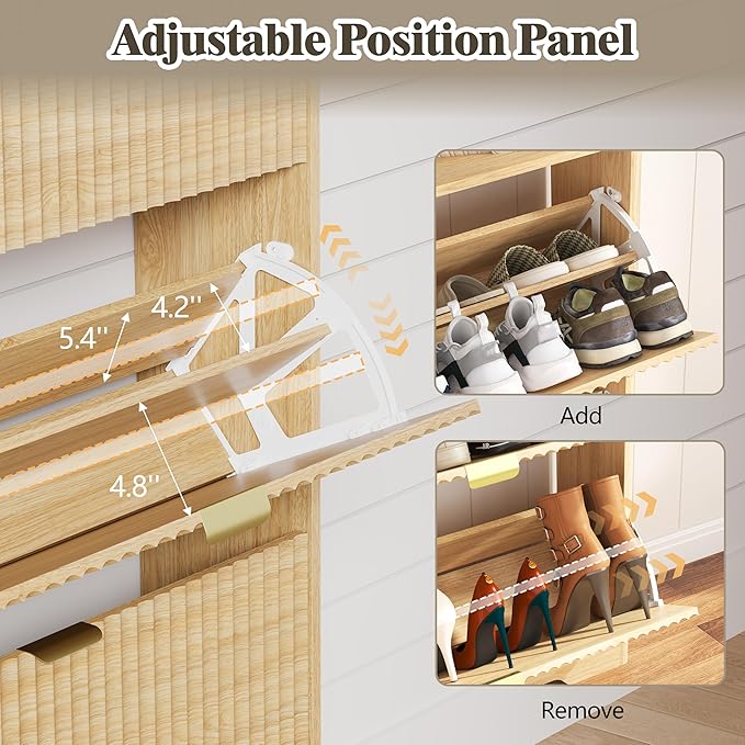 Shoe Cabinet Storage for Entryway with 4 Flip Drawers, Fluted Narrow Shoe Organizer with Wooden Legs & Top Cubby, Freestanding Slim Shoe Storage Hidden Shoe Rack for Front Door Entrance, Oak