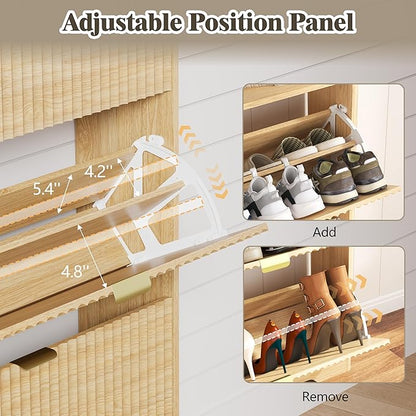 Shoe Cabinet Storage for Entryway with 4 Flip Drawers, Fluted Narrow Shoe Organizer with Wooden Legs & Top Cubby, Freestanding Slim Shoe Storage Hidden Shoe Rack for Front Door Entrance, Oak