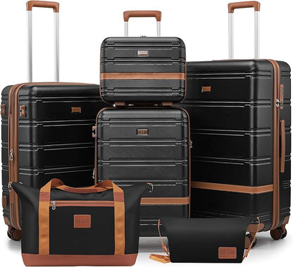 Luggage Sets with spinner wheels, PC+ABS Hard Shell Travel Luggage,Lightweight Carry-on suitcases with TSA Lock,YKK Zippers(Black, 6 piece set(14/20/24/28/DB/TB))