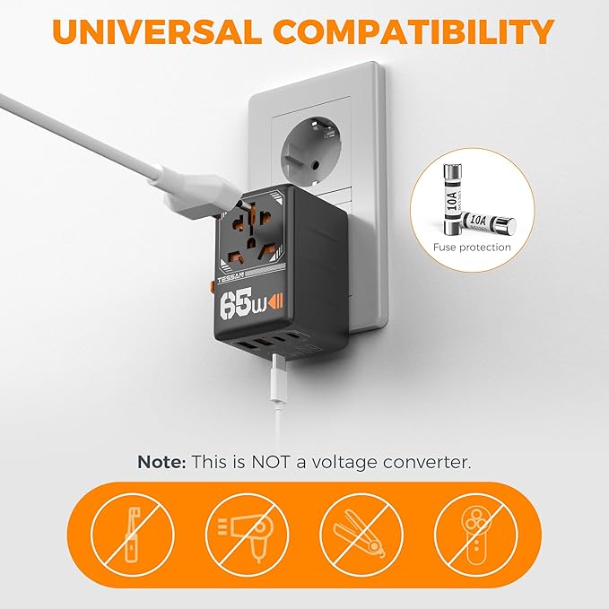 TESSAN Universal Travel Adapter, GaN 65W International Plug Adaptor with 4 USB(2 USB C) Charging Ports, Worldwide Power Outlet for US to European EU UK AUS Ireland(Type C/G/A/I)