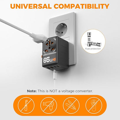 TESSAN Universal Travel Adapter, GaN 65W International Plug Adaptor with 4 USB(2 USB C) Charging Ports, Worldwide Power Outlet for US to European EU UK AUS Ireland(Type C/G/A/I)