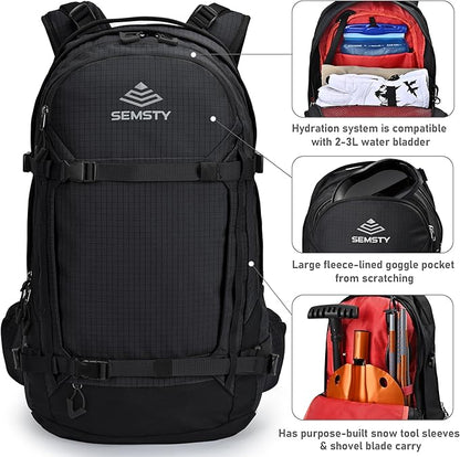 25L Ski Hydration Backpack with 2L Water Bladder, Insulated Harness, Waterproof Snowboard Travel Hiking Backpack for Snowboard Ski Hiking Camping