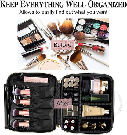 Travel Makeup Bag 10.4 Inches Portable Makeup Train Case Cosmetic Bag Organizer with Adjustable Dividers and Shoulder Strap for Cosmetics Brushes Toiletry Jewelry Digital Accessories (Marble)