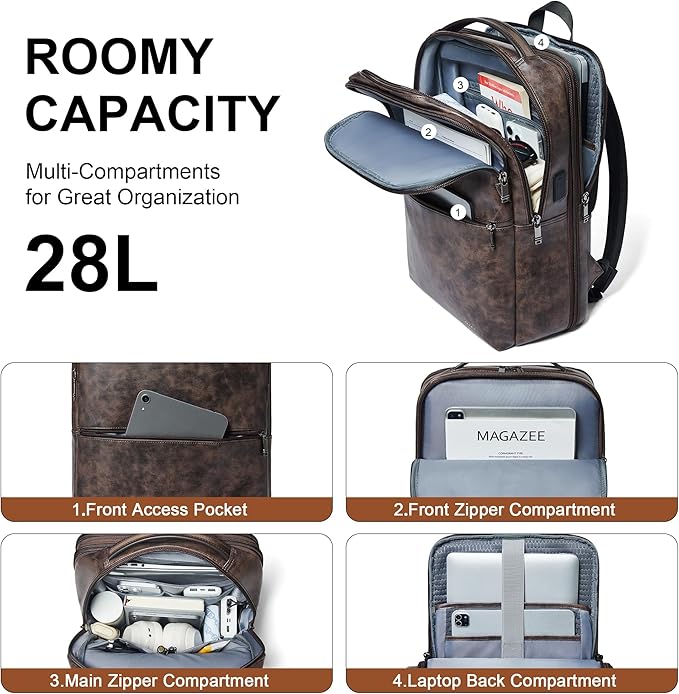 Shrrie Vegan Leather Laptop Backpack for Women&Men,16 Inch Expandable Backpack with USB Charging Port,Two-toned Coffee