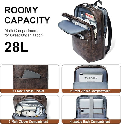 Shrrie Vegan Leather Laptop Backpack for Women&Men,16 Inch Expandable Backpack with USB Charging Port,Two-toned Coffee