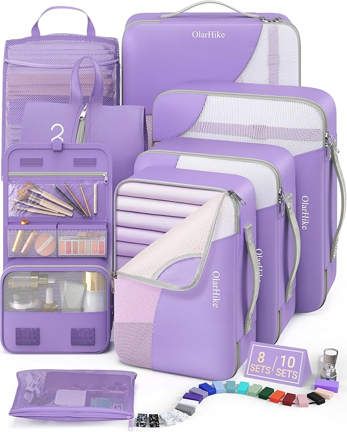 8 Set Packing Cubes for Travel, Anti-Tearing Suitcase Organizer for Luggage with Shoe & Hanging Toiletry Bag,Gifts for Women Mom,OlarHike Vacation Essentials & Accessories for Cruise Ship,Lavender