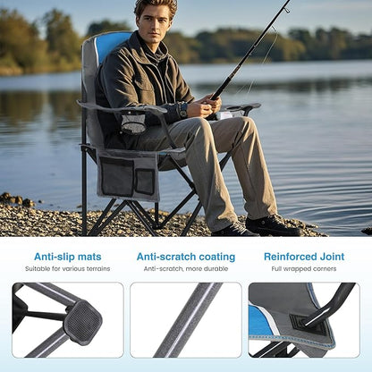 LET'S CAMP Oversized Outdoor Folding Camping Chair, Heavy Duty Arm Chair with Cup Holder and Storage Bag, 350 LBS Weight Capacity, Blue