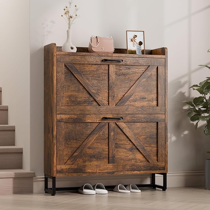 Betterhood Entryway Shoe Cabinet with 2 Flip Drawers, Slim Shoe Rack Cabinet, Freestanding Hidden Shoe Organizer Cabinet with Metal Legs, Shoe Cabniet for Entryway with Storage, Hallway, Foyer, Brown