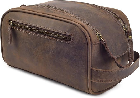 mds Genuine Leather Toiletry Bag for Men - Rustic Classic Vintage Handcrafted Full-Grain Leather Travel Dopp Kit with Waterproof Lining & Handle, Shaving & Grooming Kit Organizer Pouch - Rustic Brown