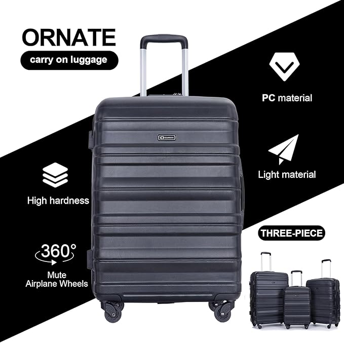 3 Piece Luggage Sets, PC Lightweight Expandable Suitcase with Two Hooks, Spinner Wheels, TSA Lock, (20/24/28) (Black)
