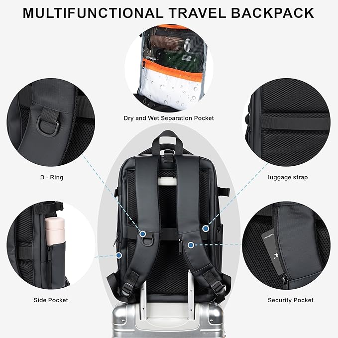 Travel Backpack for Men and Women, Flight-Approved Carry-On Backpack with Laptop Compartment; Large-Capacity Personal Item for Business, Work, School, or Weekend Trips (Black).