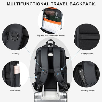 Travel Backpack for Men and Women, Flight-Approved Carry-On Backpack with Laptop Compartment; Large-Capacity Personal Item for Business, Work, School, or Weekend Trips (Black).
