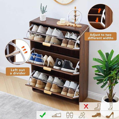 Hidden Shoe Cabinet with Drawer, Free Standing Narrow Shoe Rack Cabinet for Entryway Slim, 3 Flip Drawer Shoe Storage Organizer Cabinet for Entry,Hallway,Door,Dorm,Small Spaces - Walnut