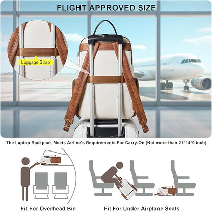 Leather Backpack for Women, Fits 15.6 Inch Laptop, Soft Vegan Leather Backpack for Travel and Daily Use, Beige