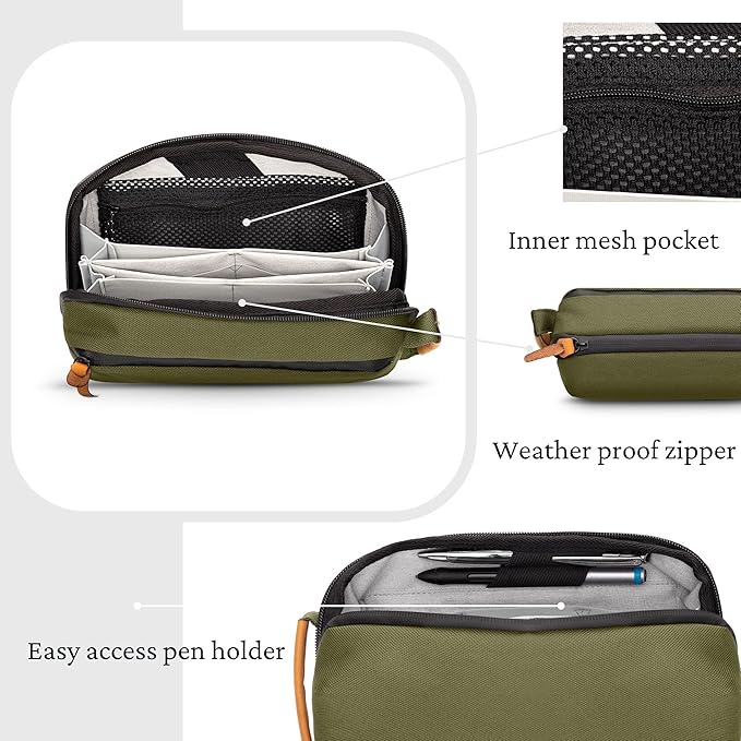 Tech Bag Organizer - Small Electronics Organizer Pouch for Travel - Premium Travel Case with Leather Accents - Mesh Pocket for Cables, Cords and Chargers (Green)
