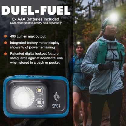 BLACK DIAMOND Spot 400 Headlamp | 400 Lumens Brightness, Dimmable | Waterproof & Durable | 3X AAA Battery Operated (Included) | Azul