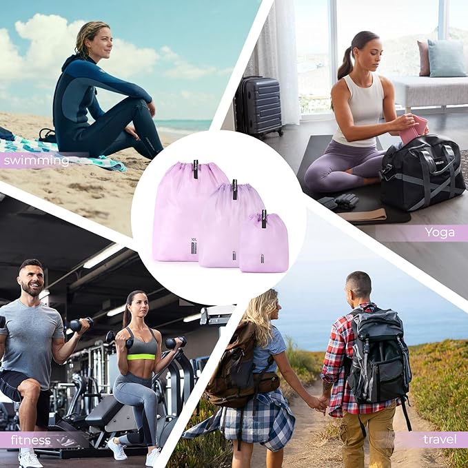 3 Set Packing Cubes for Travel, Ultralight Luggage Organizer Bags Waterproof Storage Bag, Multiple Sizes Reusable Drawstring Bags Used Essential for Gym Swim (Purple)