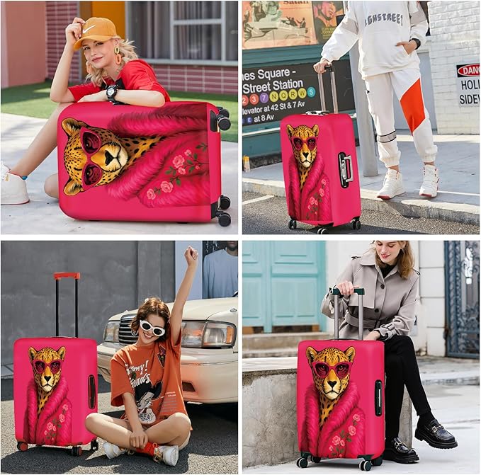 ANNA QUEEN Fashionable Leopard Luggage Cover, Leopard in Pink Coat and Sunglasses, Stretchable, Washable Travel Sleeve for 20-22 Inch Luggage