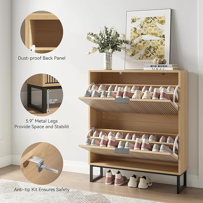 Shoe Cabinet with 2 Flip Drawers, Narrow Wood Shoe Cabinet Storage for Entryway, Freestanding Hidden Shoe Organizer Rack Cabinet for Hallway