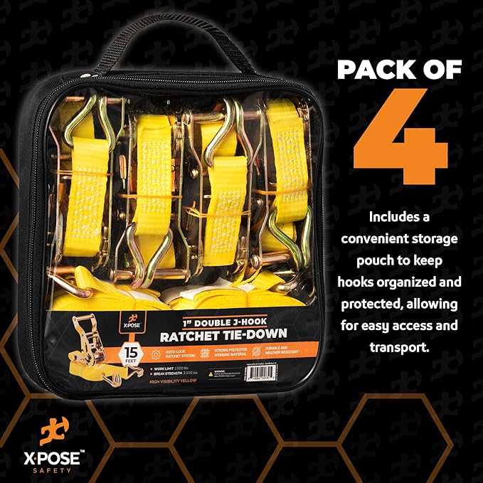 Ratchet Straps Heavy Duty 1" x 15' – 3,000 lbs Break Strength Tie Down Straps with Double J Hooks, Ratcheting Cargo Straps for Truck, Trailer, Kayak, Motorcycle & Moving – 4 Pack