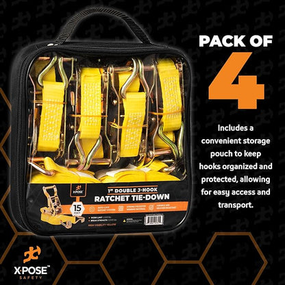 Ratchet Straps Heavy Duty 1" x 15' – 3,000 lbs Break Strength Tie Down Straps with Double J Hooks, Ratcheting Cargo Straps for Truck, Trailer, Kayak, Motorcycle & Moving – 4 Pack
