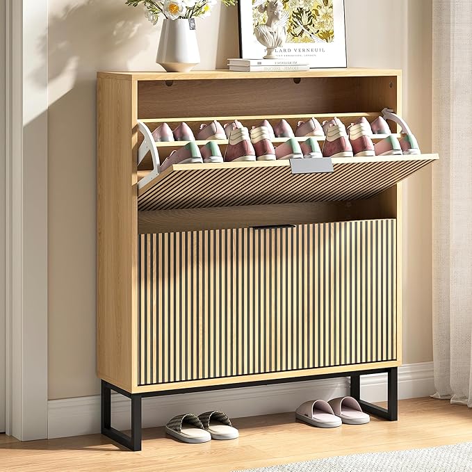 Shoe Storage Cabinet for Entryway with 2 Flip Drawers,Narrow Shoe Rack Cabinet,Hidden Slim Shoe Storage Freestanding Shoe Organizer Cabinet for Entryway, Hallway