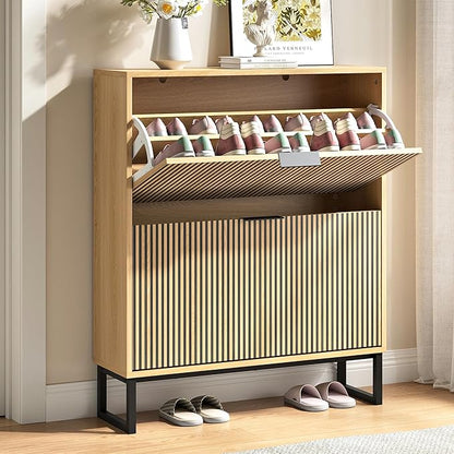 Shoe Storage Cabinet for Entryway with 2 Flip Drawers,Narrow Shoe Rack Cabinet,Hidden Slim Shoe Storage Freestanding Shoe Organizer Cabinet for Entryway, Hallway