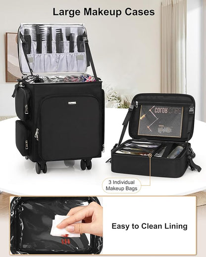 Relavel Rolling Makeup Case, 2 in 1 Hairstylist Traveling Bag Cosmetology Case on Wheels Large Hair Tools Cosmetics Train Case Makeup Artist Storage Organizer Trolley Suitcase with 360° Swivel Wheels