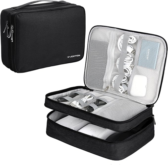 LENTION Cable Electronics Organizer Bag Pouch, Travel Cord Organizer Carry Case Waterproof Double Layers All-in-One Storage Bag Carrying for Cable, AirPods, Charger, Power Bank, Earphone Black