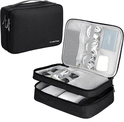 LENTION Cable Electronics Organizer Bag Pouch, Travel Cord Organizer Carry Case Waterproof Double Layers All-in-One Storage Bag Carrying for Cable, AirPods, Charger, Power Bank, Earphone Black