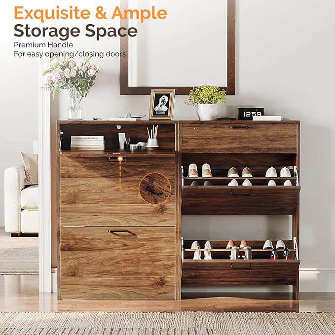 VINGLI Shoe Cabinet Storage for Entryway Ultra Slim with 2 Flip &1Drop-Down Drawers, 24.8" W Narrow Shoe Cabinet for Front Door Entrance,Freestanding Walnut Wood Shoes Organizer for Hallway