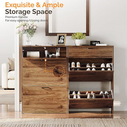 VINGLI Shoe Cabinet Storage for Entryway Ultra Slim with 2 Flip &1Drop-Down Drawers, 24.8" W Narrow Shoe Cabinet for Front Door Entrance,Freestanding Walnut Wood Shoes Organizer for Hallway