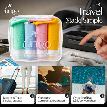 unigo Travel Bottles For Toiletries, 4-pack TSA Approved Containers, Travel Size Toiletries, Shampoo and Conditioner Bottles, Leak Proof and Refillable Bottles, Extra Bottle Covers (Multicolor A)