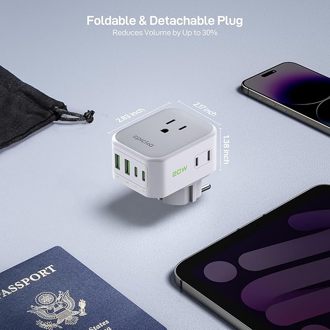 EPICKA Hybrid Travel Plug Adapter, 2 Packs Foldable & Detachable Type EF VisaPlug, 8-in-1 International Power Adapter with 4 USB Ports (2 USB-C PD 20W), Travel Essentials for US to German France