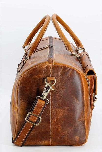 KomalC Leather Duffle Bags for Men and Women Travel Overnight Weekend sports bag holdall Gym Duffel for Men (Distressed Tan, 28 Inch)