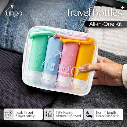 unigo Travel Bottles For Toiletries, 4-pack TSA Approved Containers, Travel Size Toiletries, Shampoo and Conditioner Bottles, Leak Proof and Refillable Bottles, Extra Bottle Covers (Multicolor A)