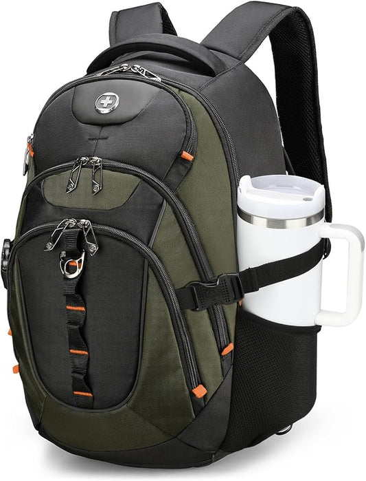 Swissdigital Design Laptop Backpack with USB Charging Port, Travel Backpack Fits 15.6 inches Computer, 31L College School Backpack for Men, Olive/Black | SD803-26