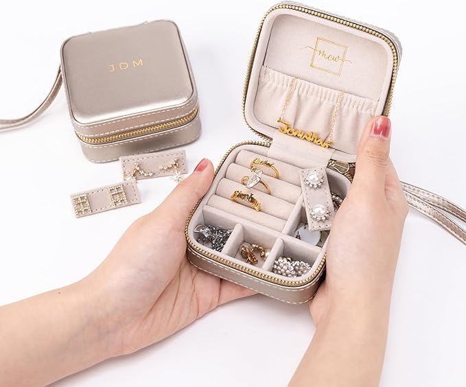 Angelina's Palace Personalized Jewelry Case with Name Engraved,Custom Leather Travel Jewelry Organizer Box for Rings,Earrings,Necklaces,Birthday Bridesmaid Gift For Women